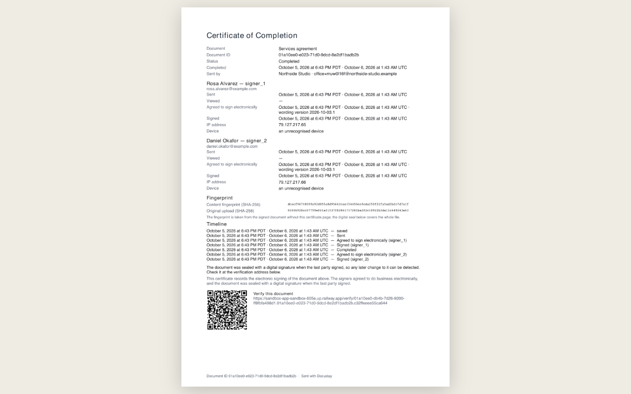 The Certificate of Completion page of a signed document