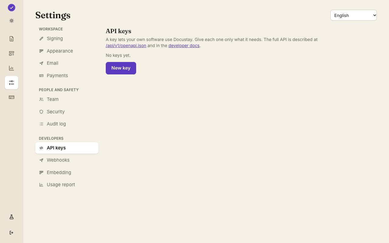 The Developer settings screen with API keys and webhook endpoints