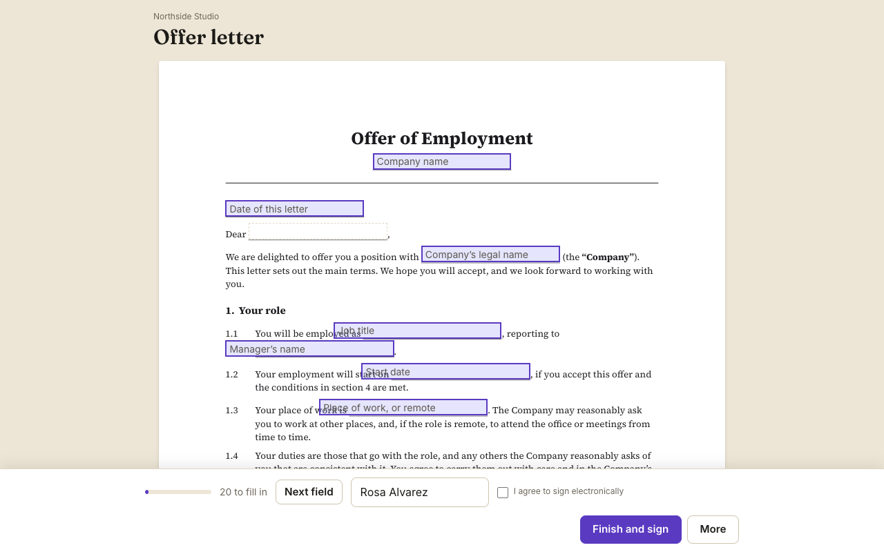 An offer letter on the signing page, with its fields to fill in