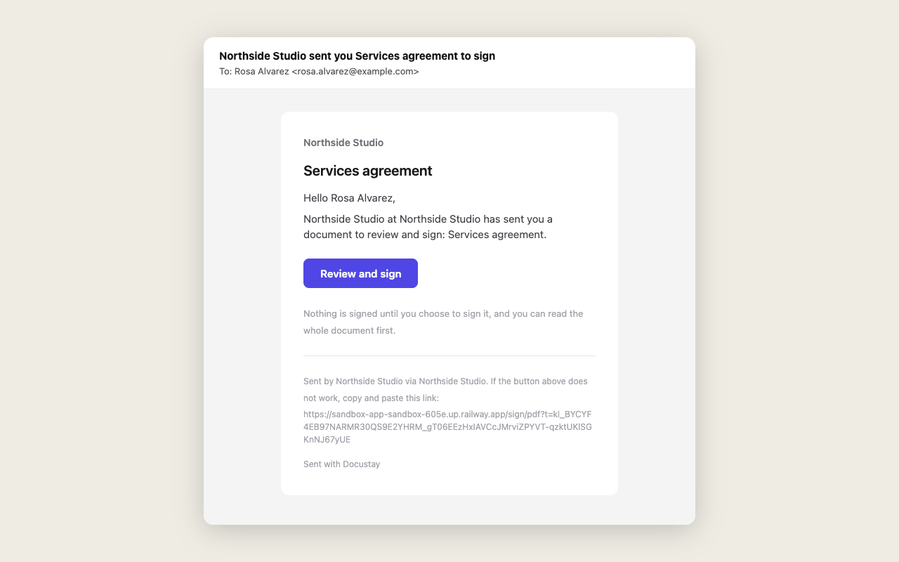 The invitation email a signer receives, with the document title, the sender's name and a button to sign