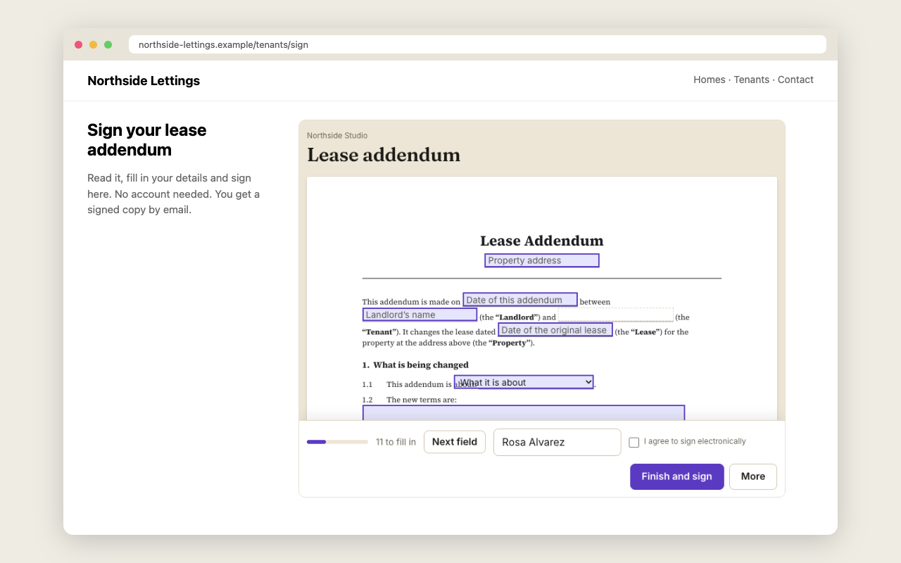 A web page with the Docustay signing form inside it