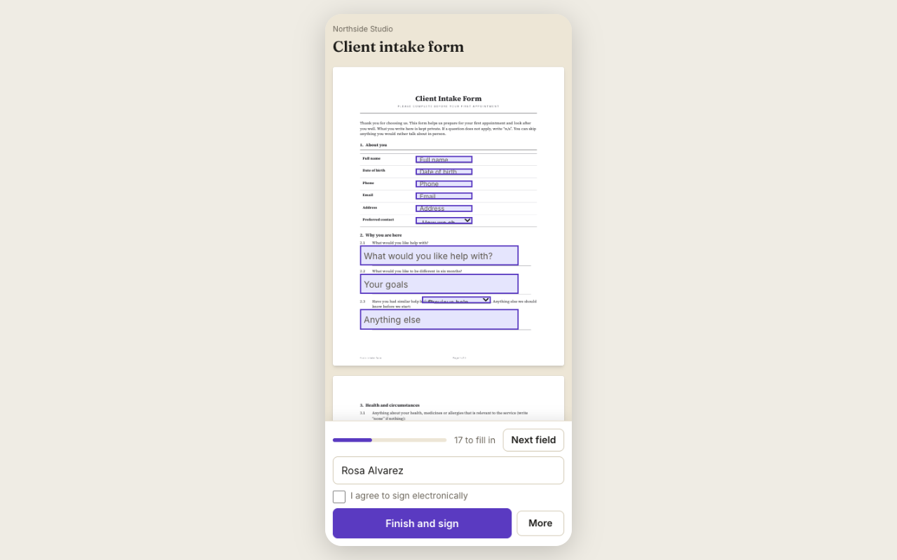 A client intake form on a phone, ready to fill in and sign