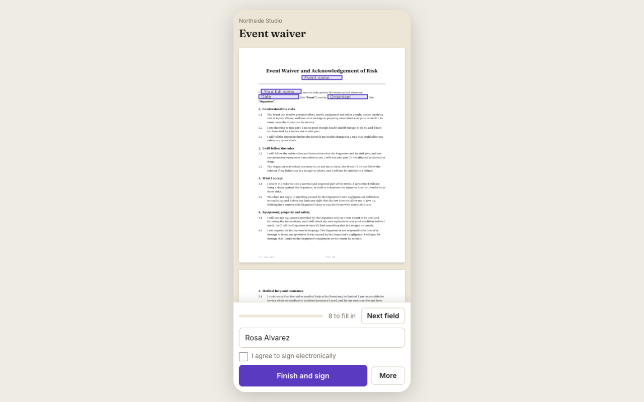 An event waiver opened from a link on a phone, ready to fill in and sign
