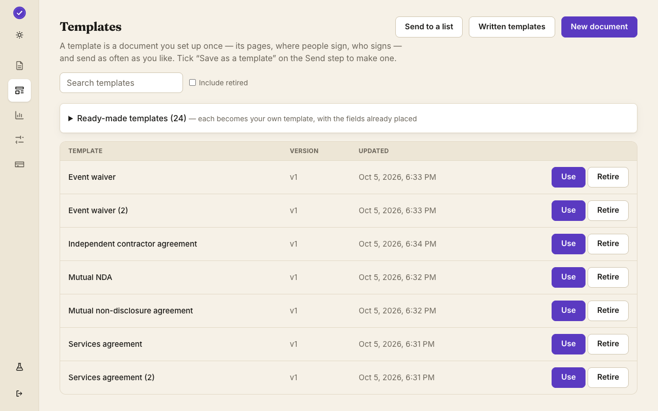 The templates screen