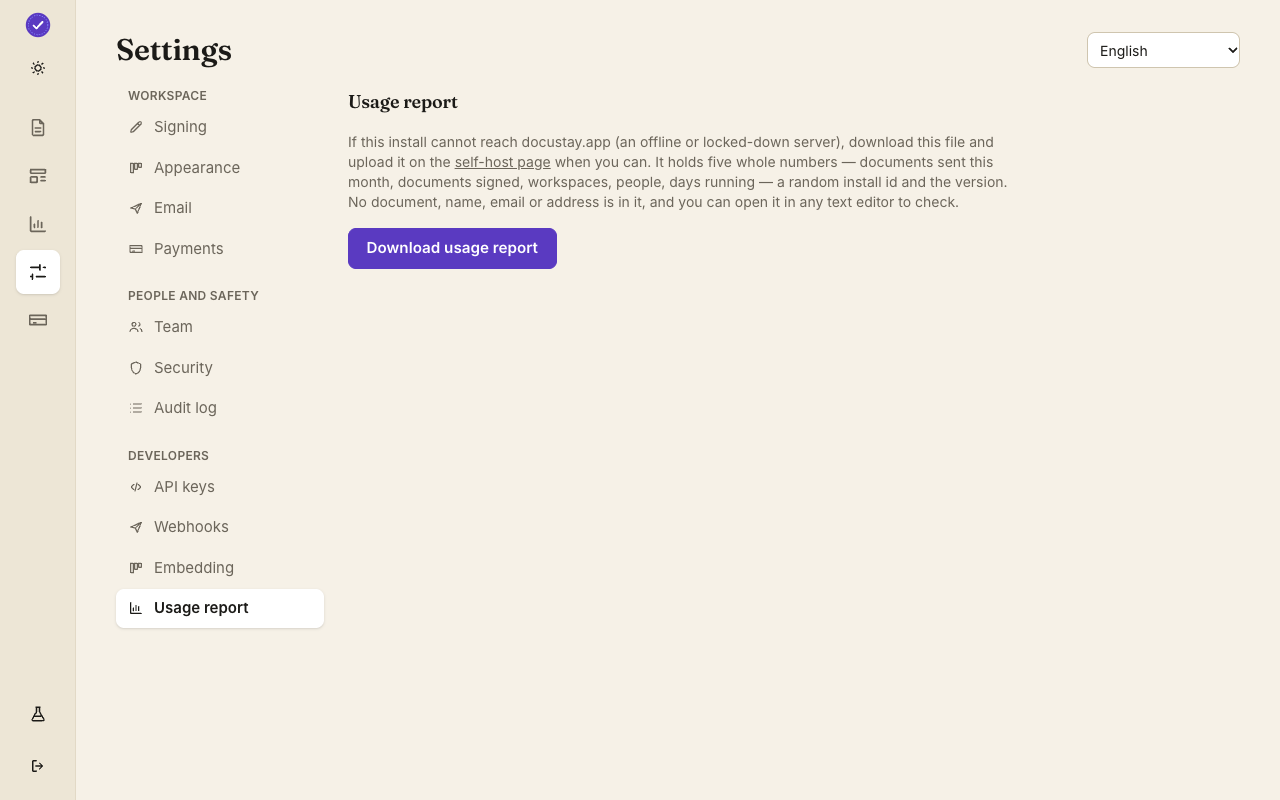 The usage screen of a self-hosted install