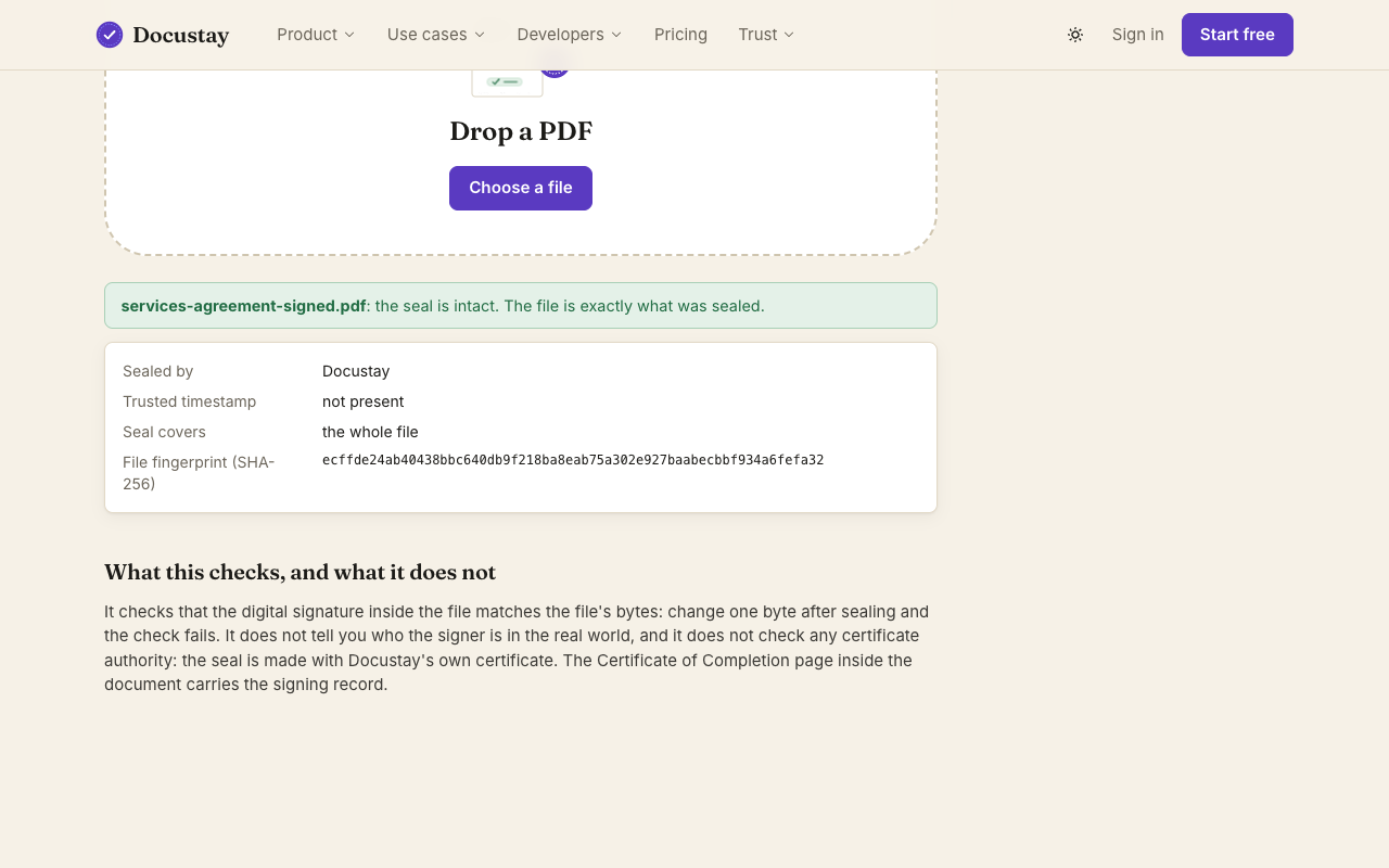 The Verify page after a signed PDF was checked