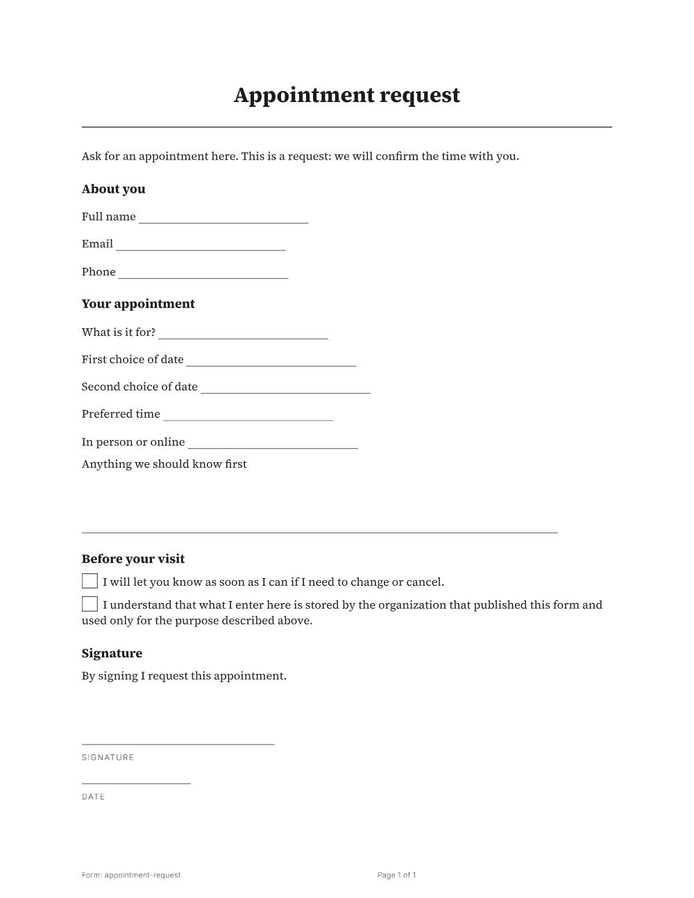 Page 1 of 1 of the Appointment request template