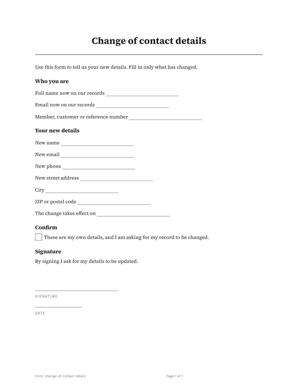 Page 1 of 1 of the Change of contact details template