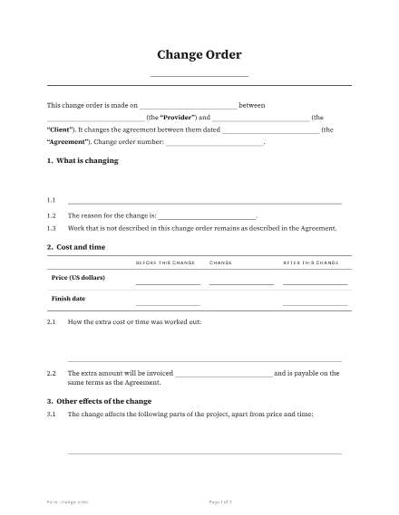 First page of the Change order template