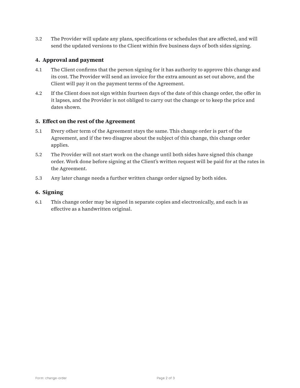 Page 2 of 3 of the Change order template