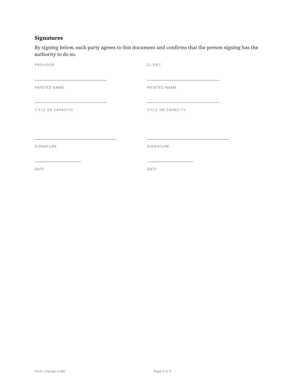 Page 3 of 3 of the Change order template