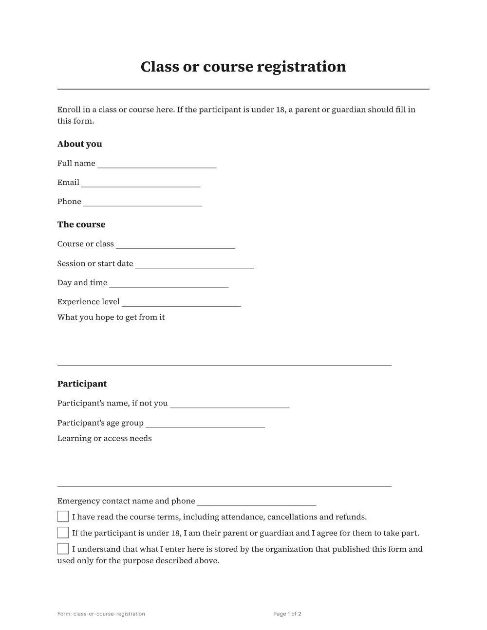Page 1 of 2 of the Class or course registration template