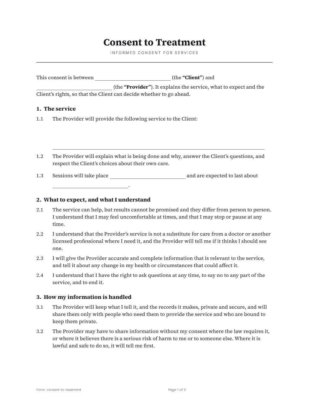Page 1 of 3 of the Consent to treatment template
