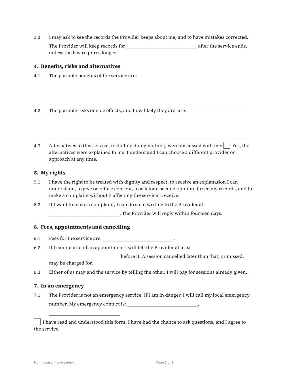 Page 2 of 3 of the Consent to treatment template