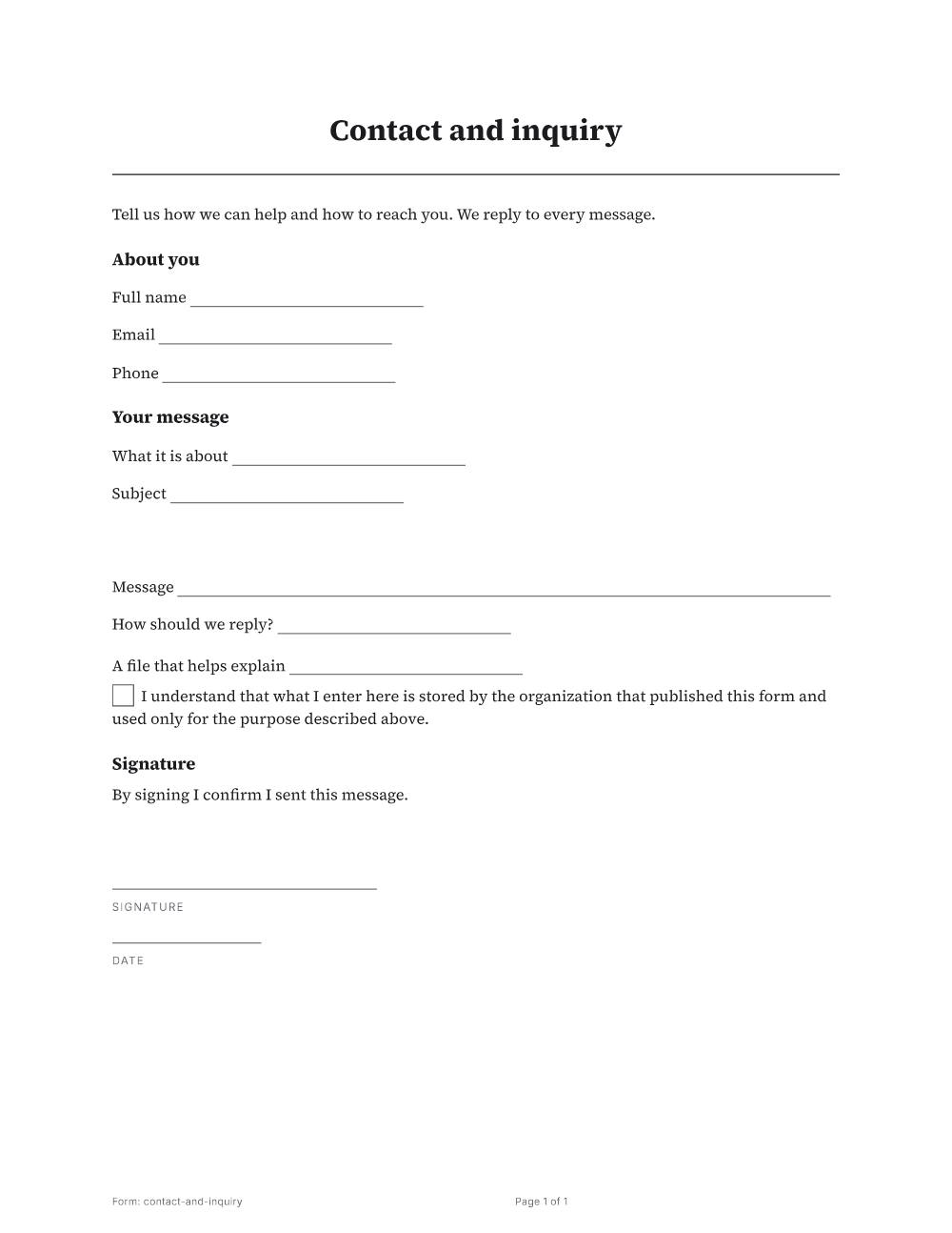 Page 1 of 1 of the Contact and inquiry template