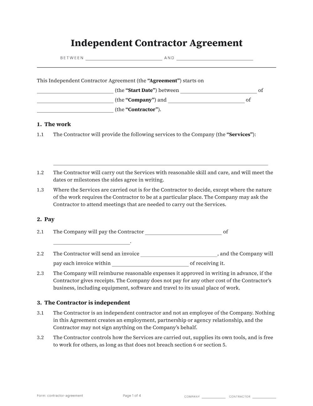 Page 1 of 4 of the Independent contractor agreement template
