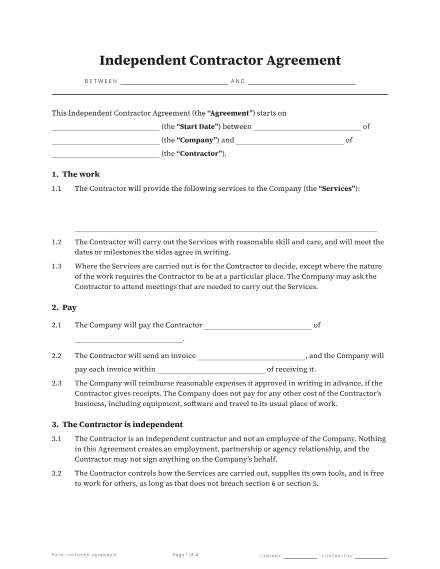 First page of the Independent contractor agreement template