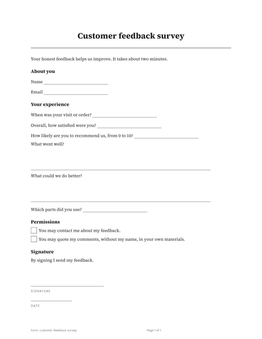 Page 1 of 1 of the Customer feedback survey template
