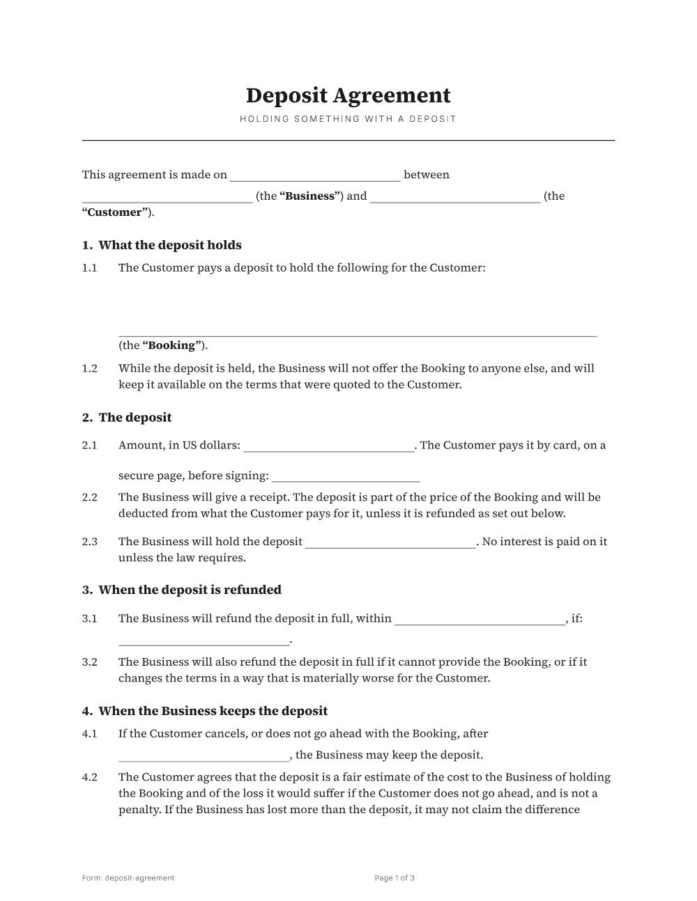 Page 1 of 3 of the Deposit agreement template