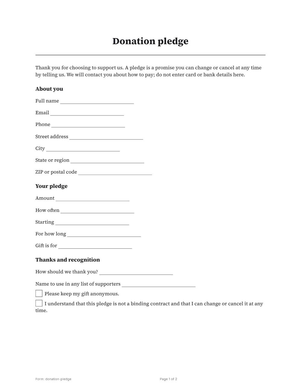 Page 1 of 2 of the Donation pledge template