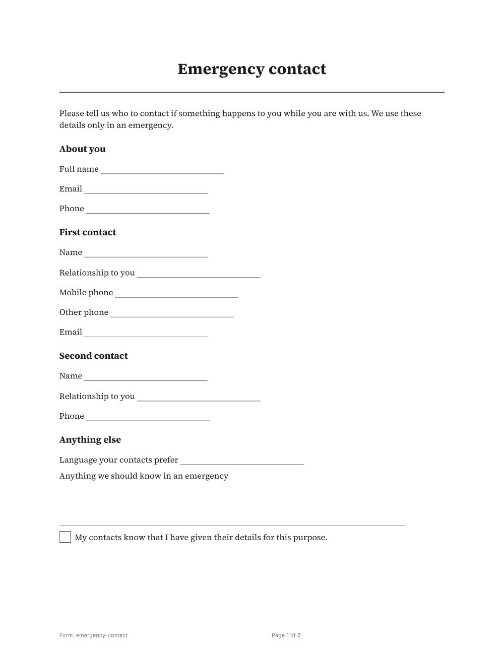 Page 1 of 2 of the Emergency contact template