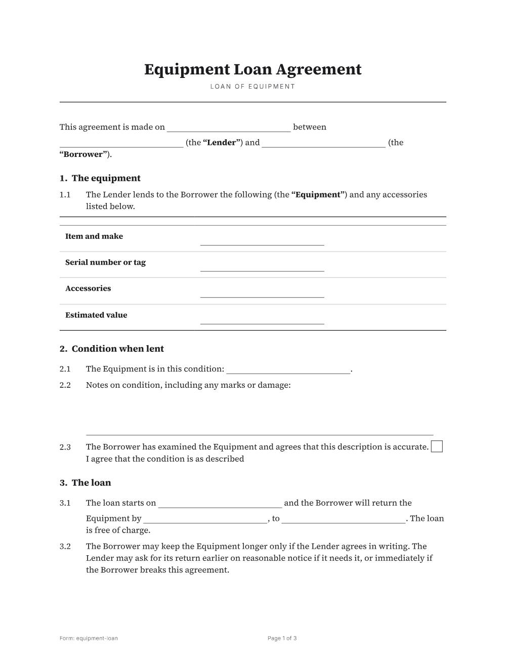 Page 1 of 3 of the Equipment loan agreement template