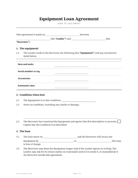 First page of the Equipment loan agreement template