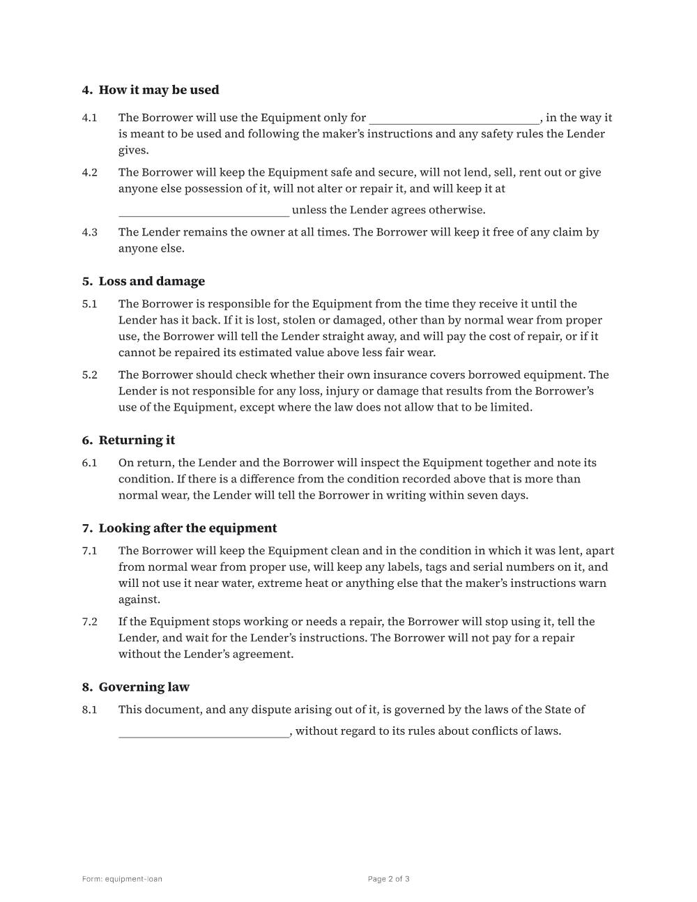 Page 2 of 3 of the Equipment loan agreement template