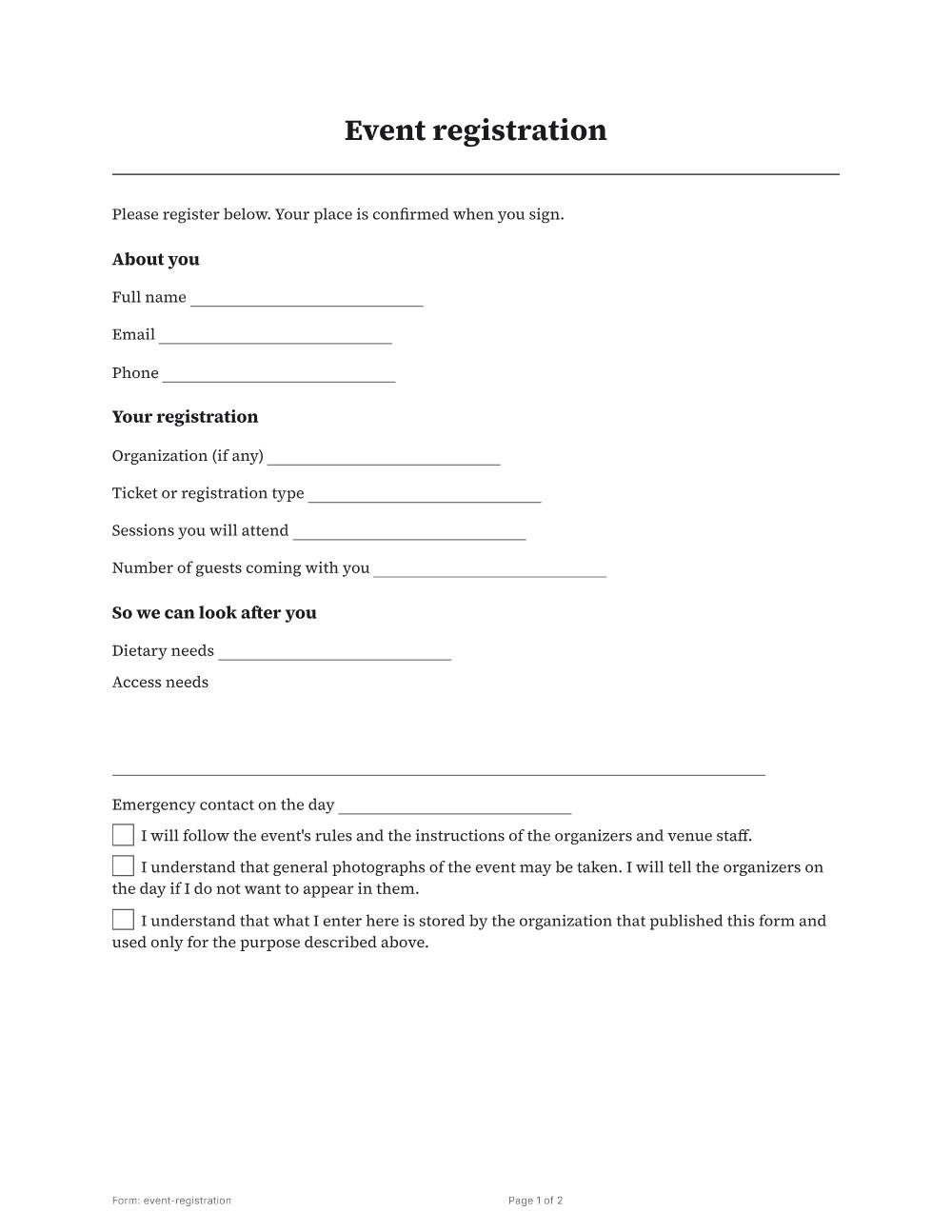 Page 1 of 2 of the Event registration template