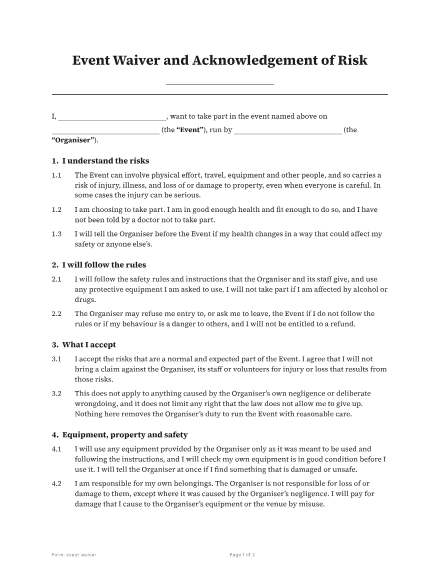 First page of the Event waiver template