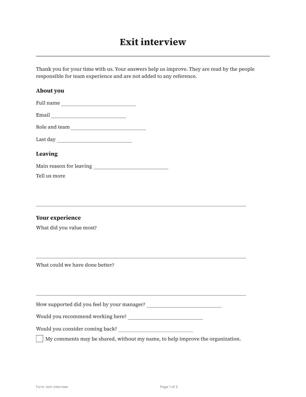 Page 1 of 2 of the Exit interview template