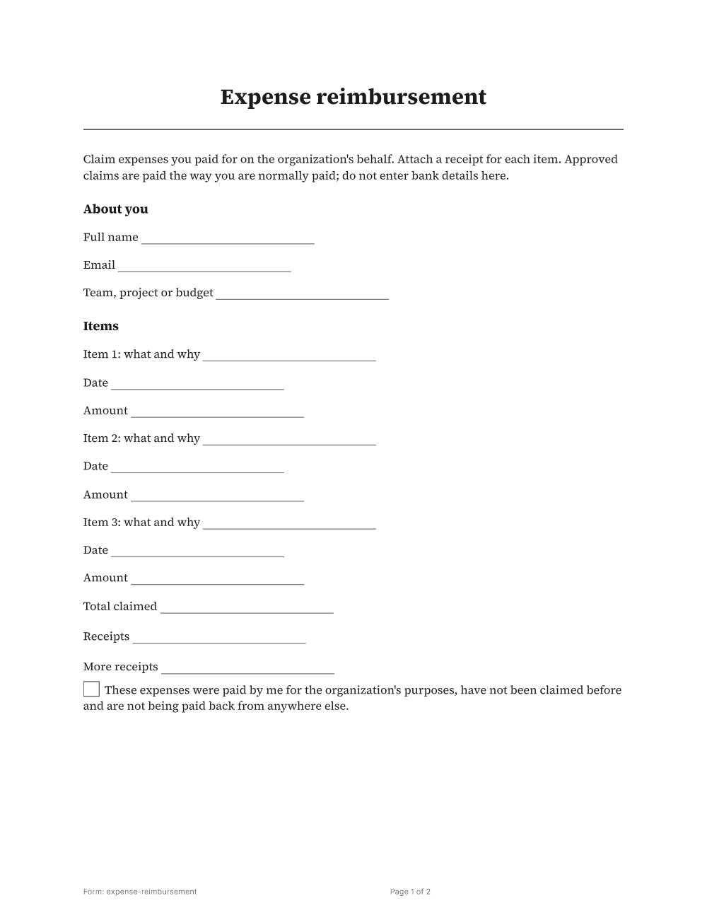 Page 1 of 2 of the Expense reimbursement template