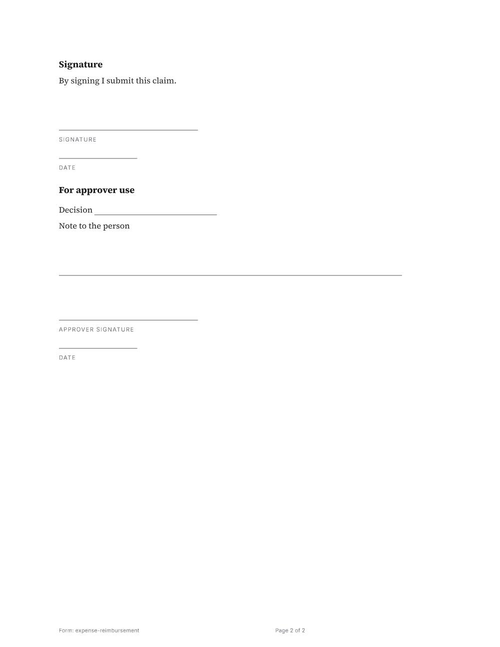 Page 2 of 2 of the Expense reimbursement template