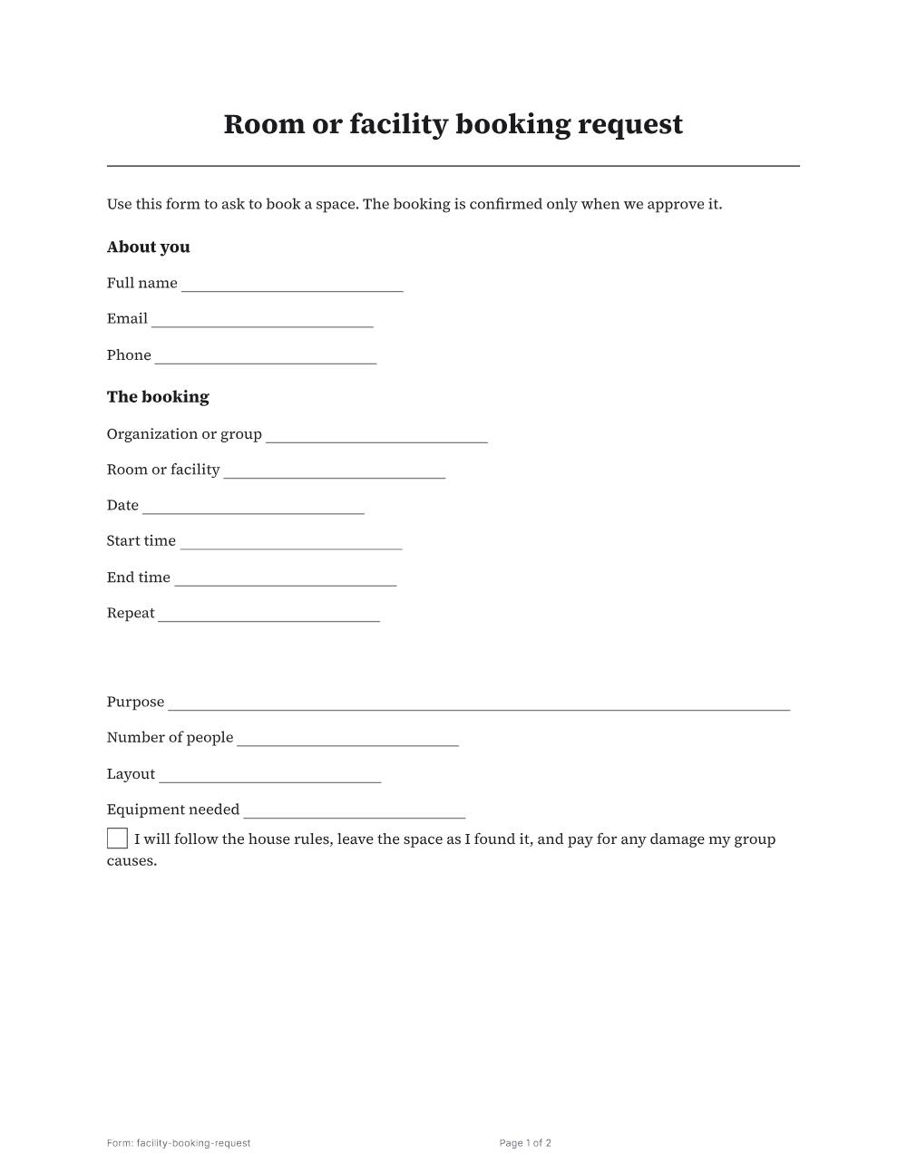 Page 1 of 2 of the Room or facility booking request template