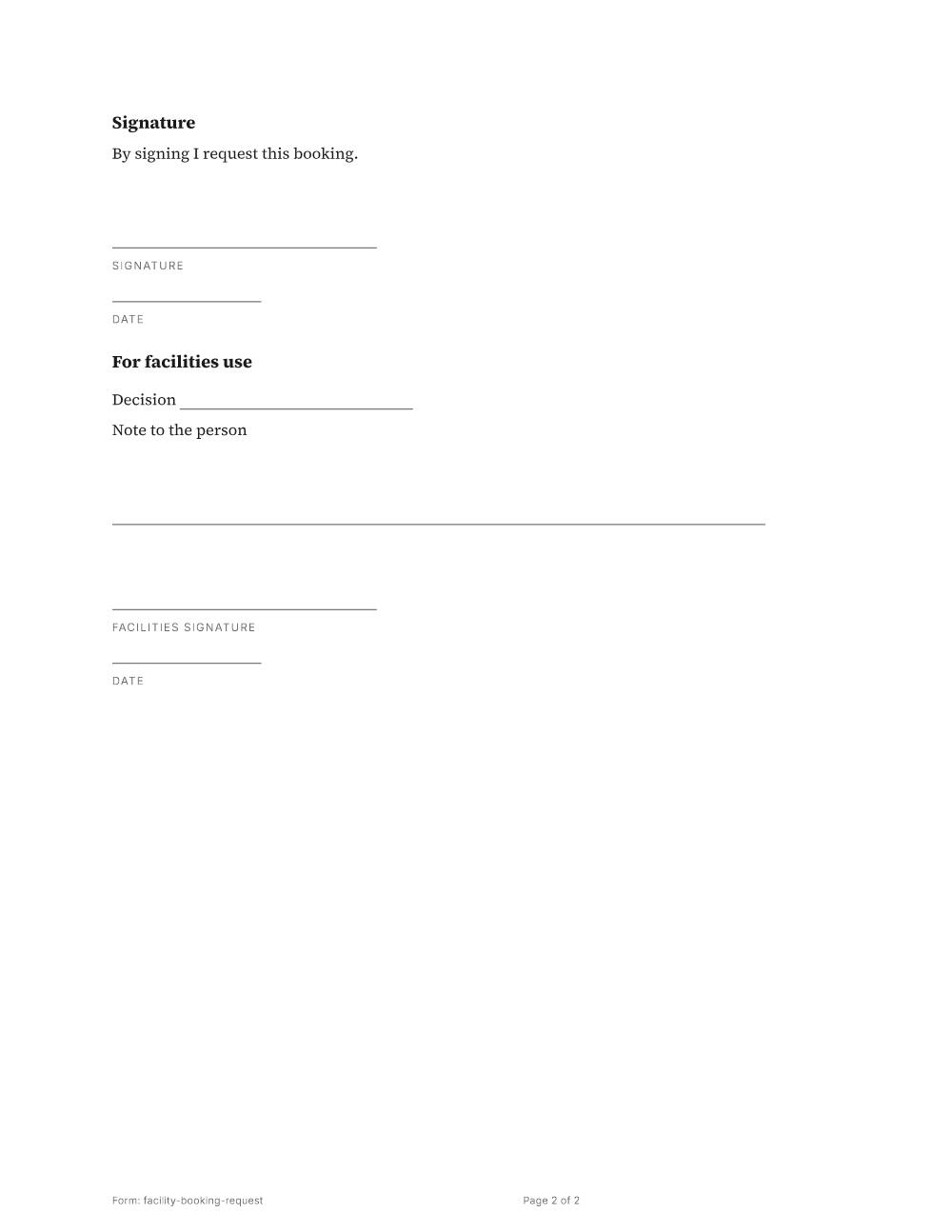 Page 2 of 2 of the Room or facility booking request template