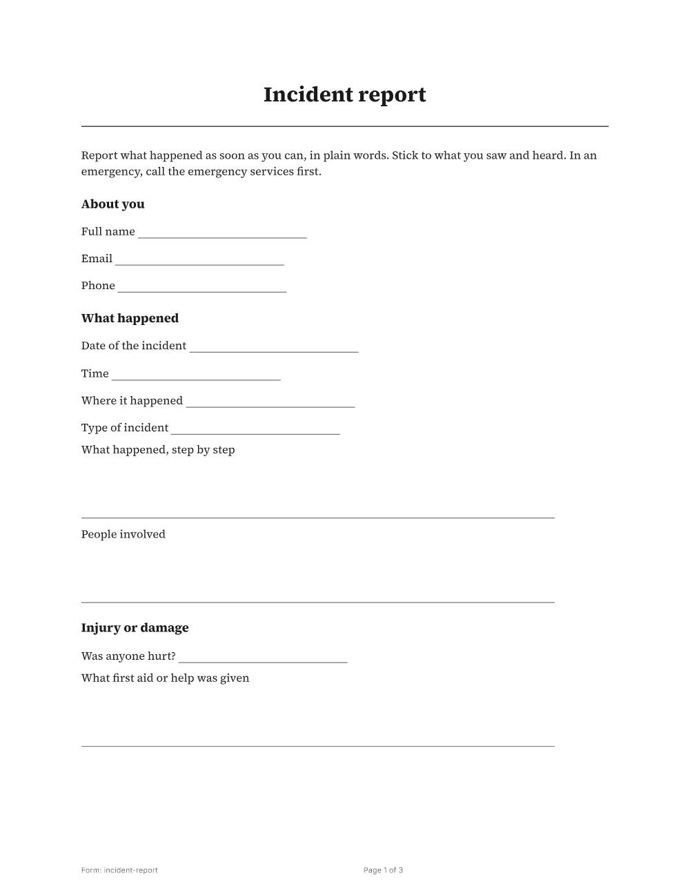 Page 1 of 3 of the Incident report template