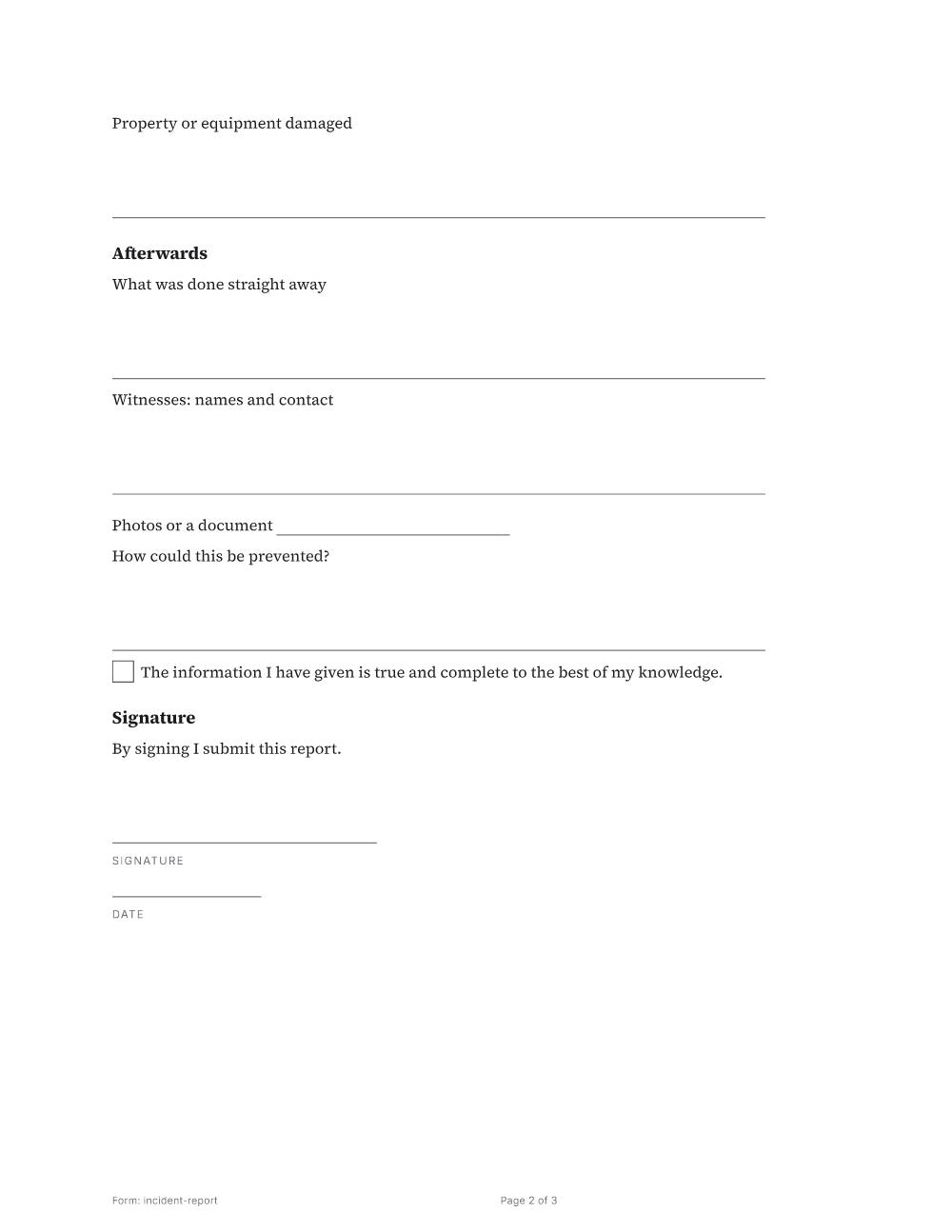 Page 2 of 3 of the Incident report template