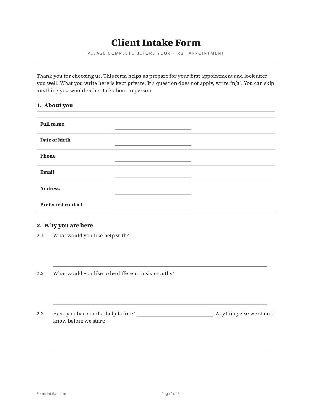 Page 1 of 3 of the Client intake form template