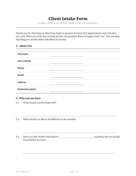 First page of the Client intake form template
