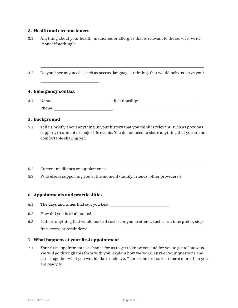 Page 2 of 3 of the Client intake form template