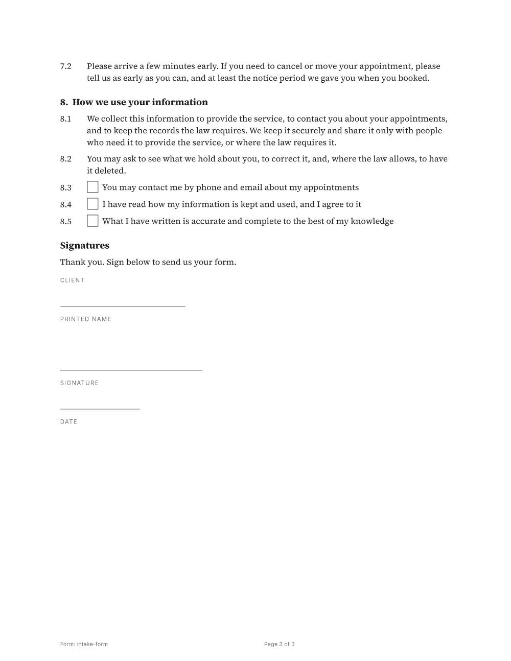Page 3 of 3 of the Client intake form template