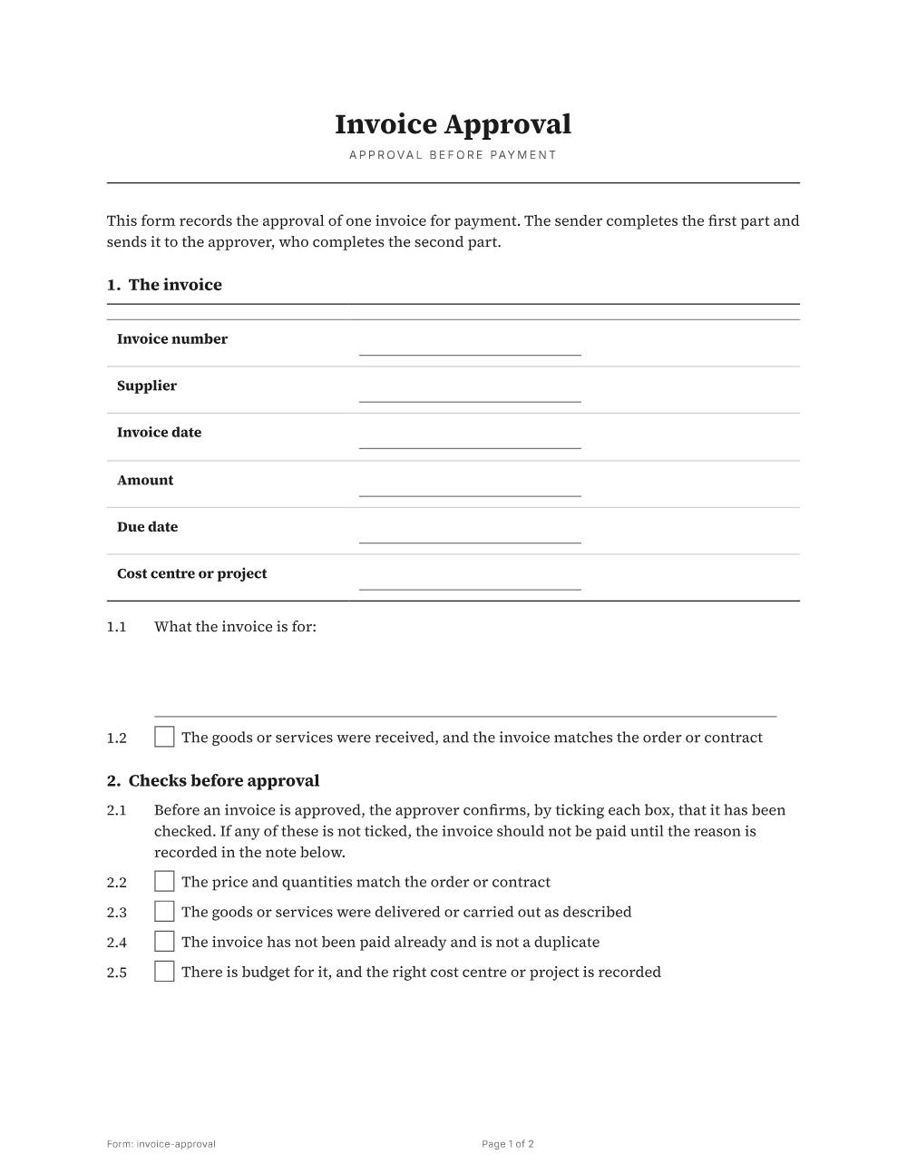 Page 1 of 2 of the Invoice approval template