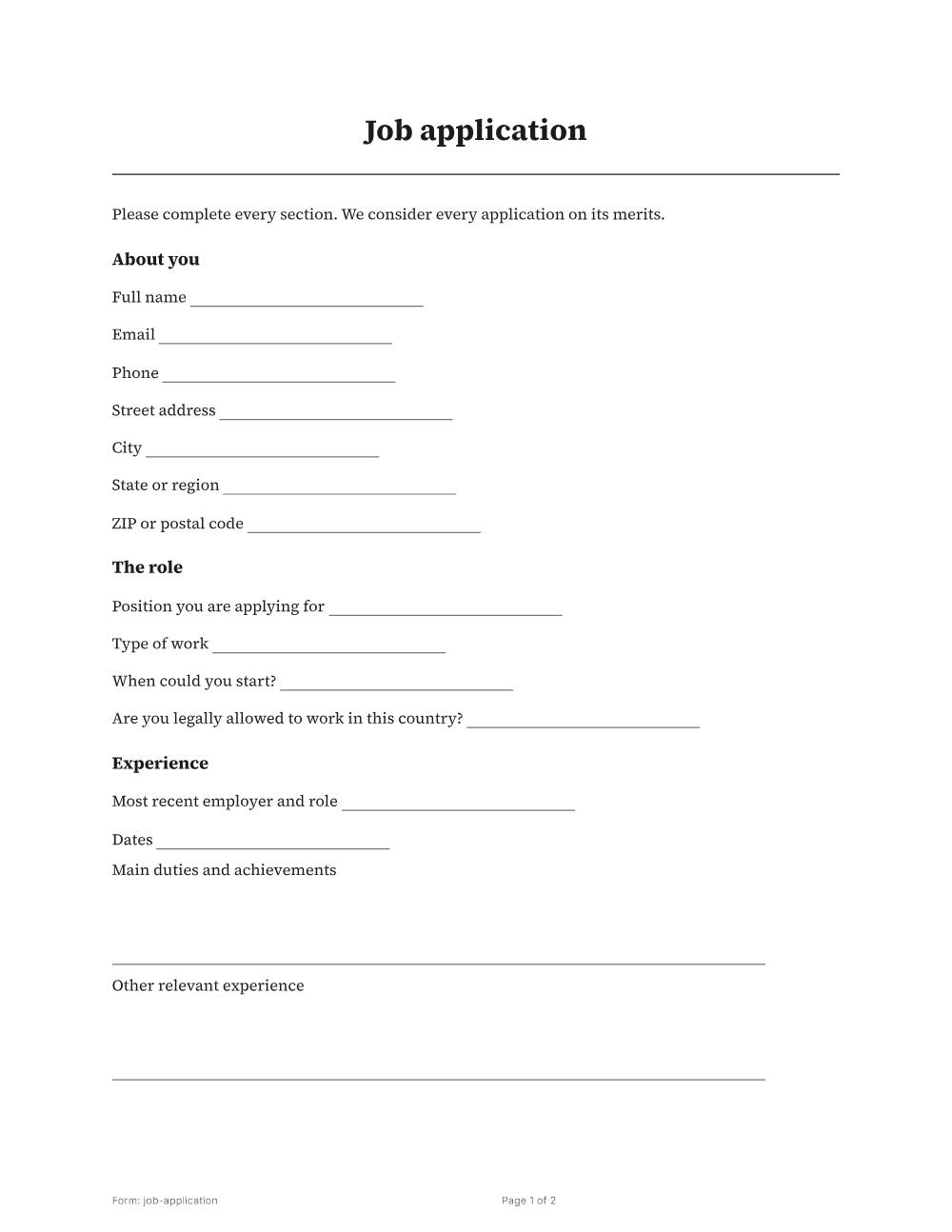 Page 1 of 2 of the Job application template