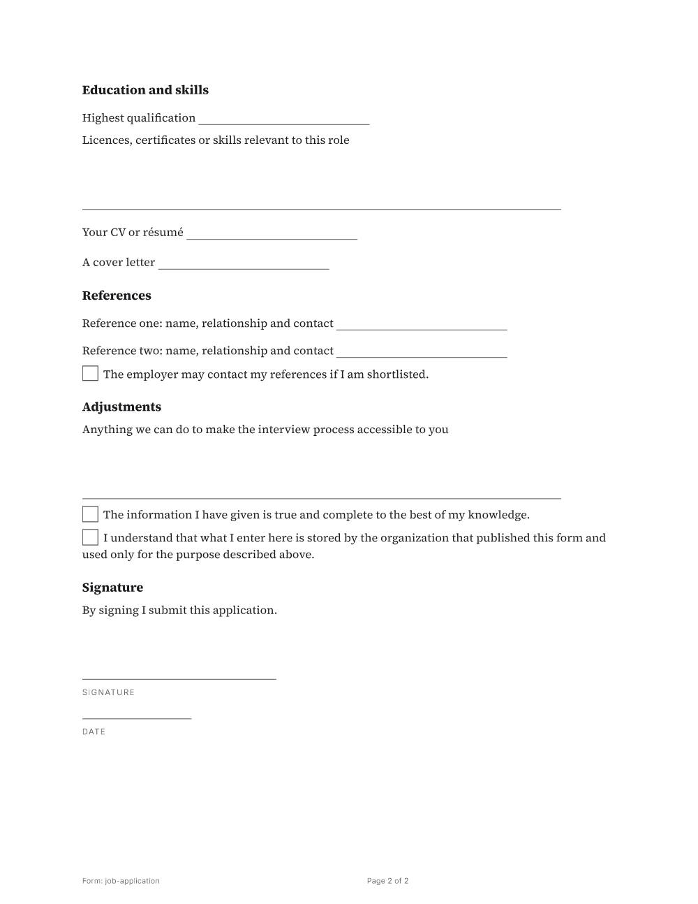 Page 2 of 2 of the Job application template