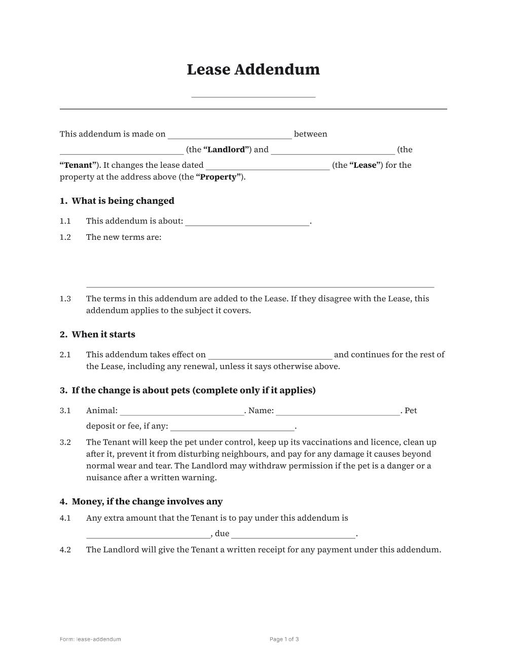 Page 1 of 3 of the Lease addendum template