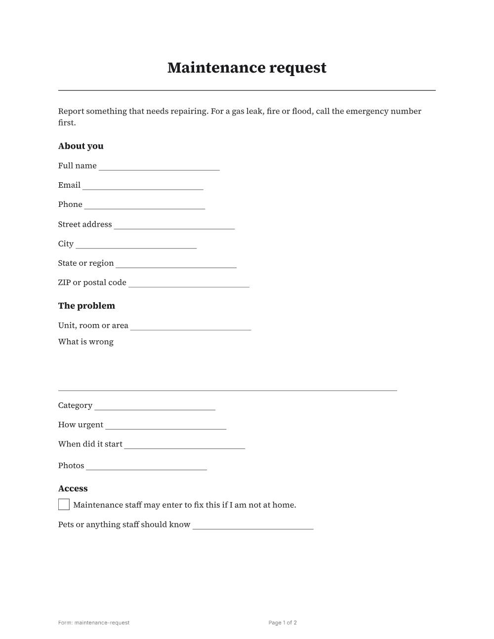 Page 1 of 2 of the Maintenance request template