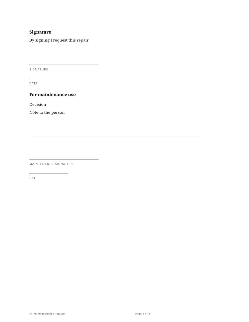 Page 2 of 2 of the Maintenance request template