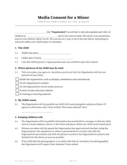 First page of the Media consent for a minor template