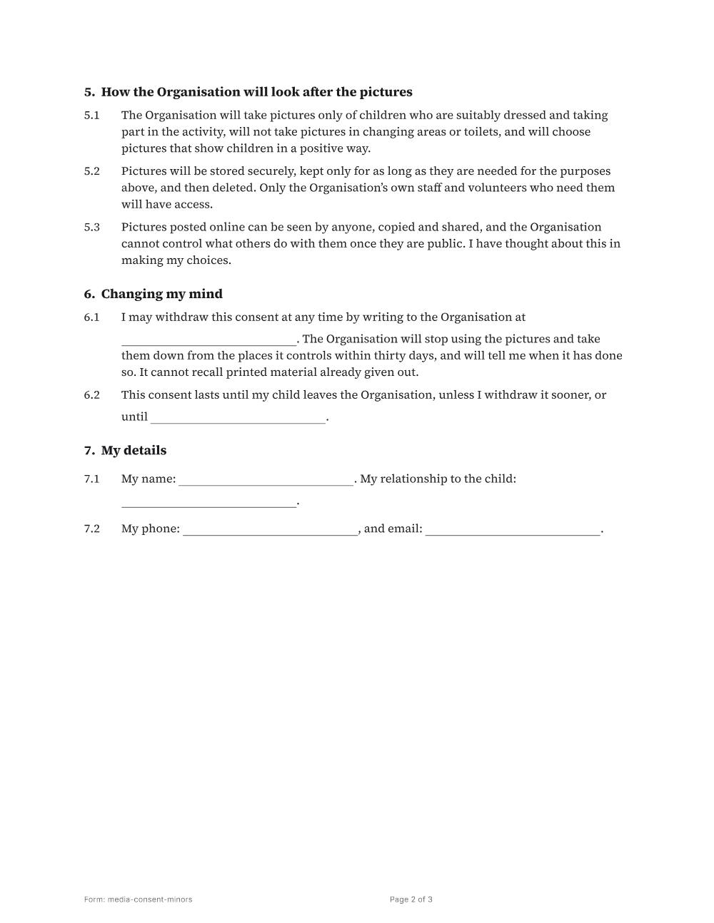 Page 2 of 3 of the Media consent for a minor template