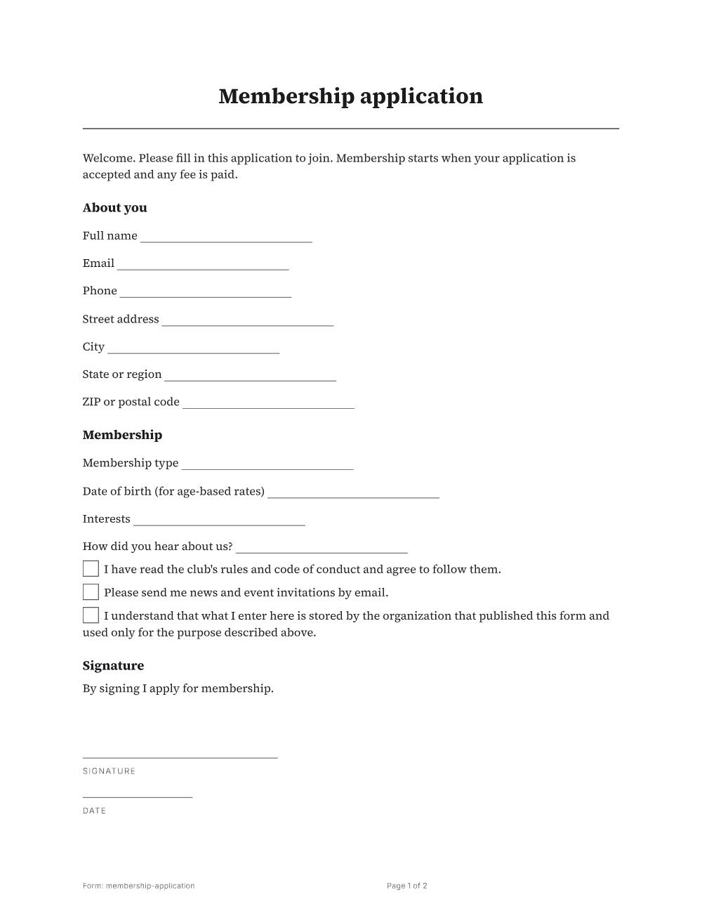 Page 1 of 2 of the Membership application template
